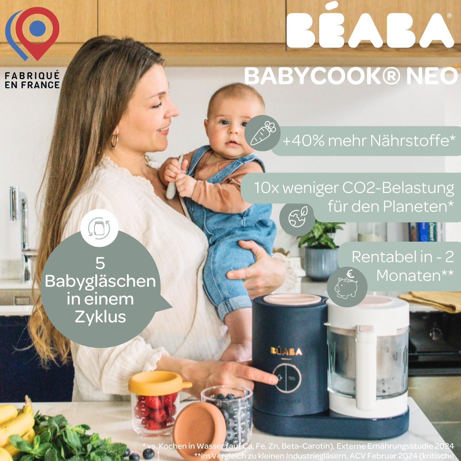 Béaba - Babycook Neo - 6 in 1 Babynahrungszubereiter - Schonender Dampfgarer - Glaskrug und Garkorb aus Edelstahl - Mineralgrau
