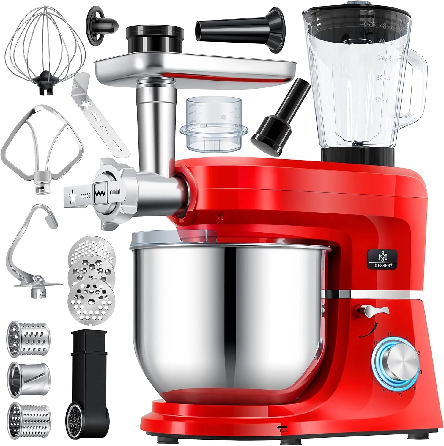 KESSER® 3 in 1 Universal Küchenmaschine K-KM 3000 mit Fleischwolf Knetmaschine Multifunktionale Rührmaschine 5,5L Schüssel mit 3 Rührwerkzeuge, 1,5L Entsafter, Zubehör-Set, Pasta & Gebäckformen