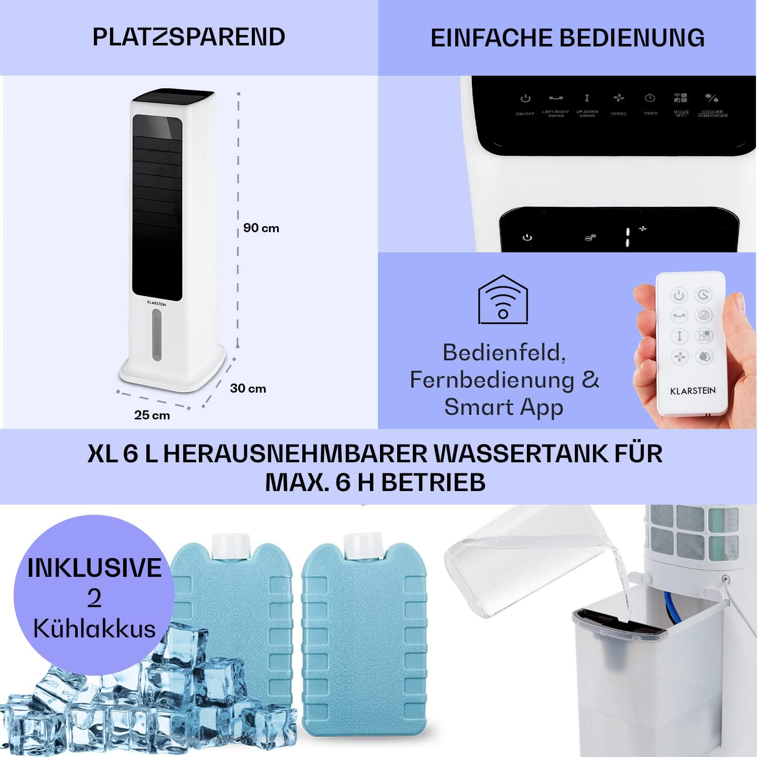 Klarstein Raffreddatore d'aria con Raffreddamento ad acqua, Raffrescatore Evaporativo 5 in 1, Umidificatore, Ventilatore e Purificatore d'aria, Raffreddatore d'aria Portatile con Controllo App, 80W, Flusso d'aria 462m³/h, Bianco