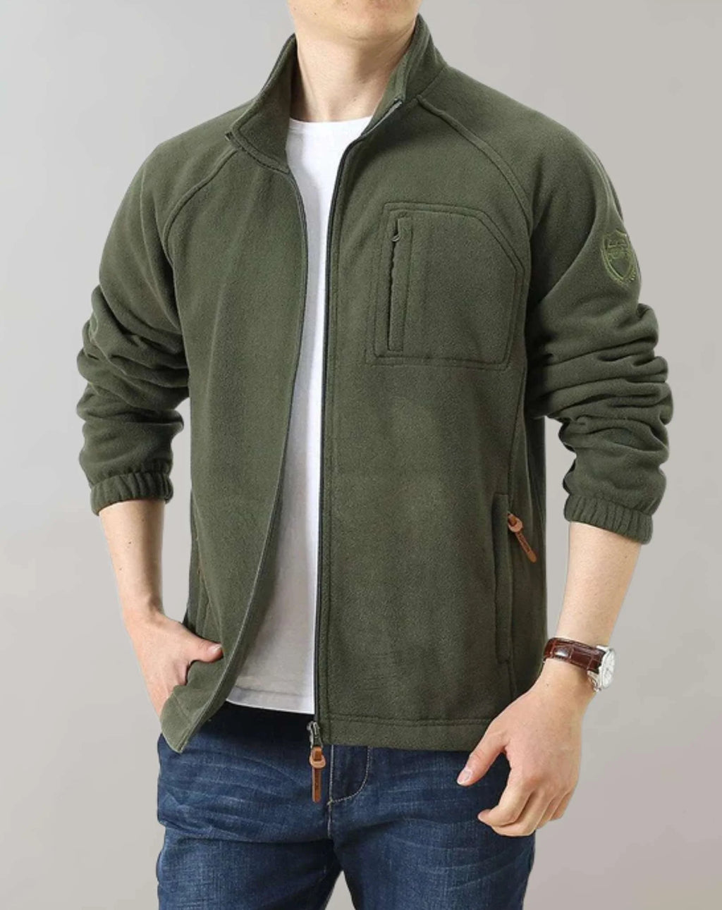 Giacca in pile casual da uomo con collo alla coreana e tasche