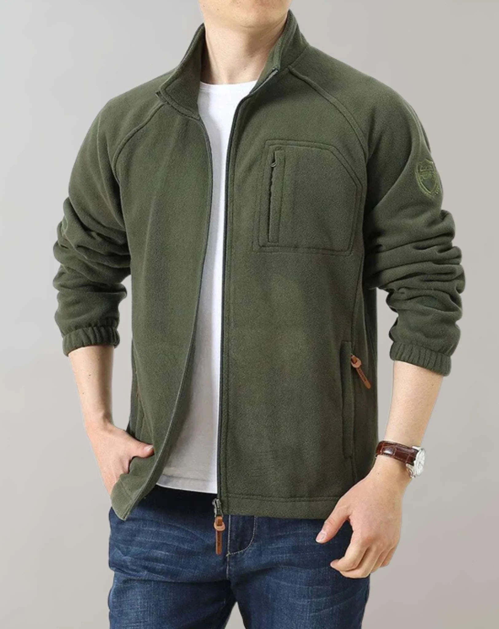Giacca in pile casual da uomo con collo alla coreana e tasche
