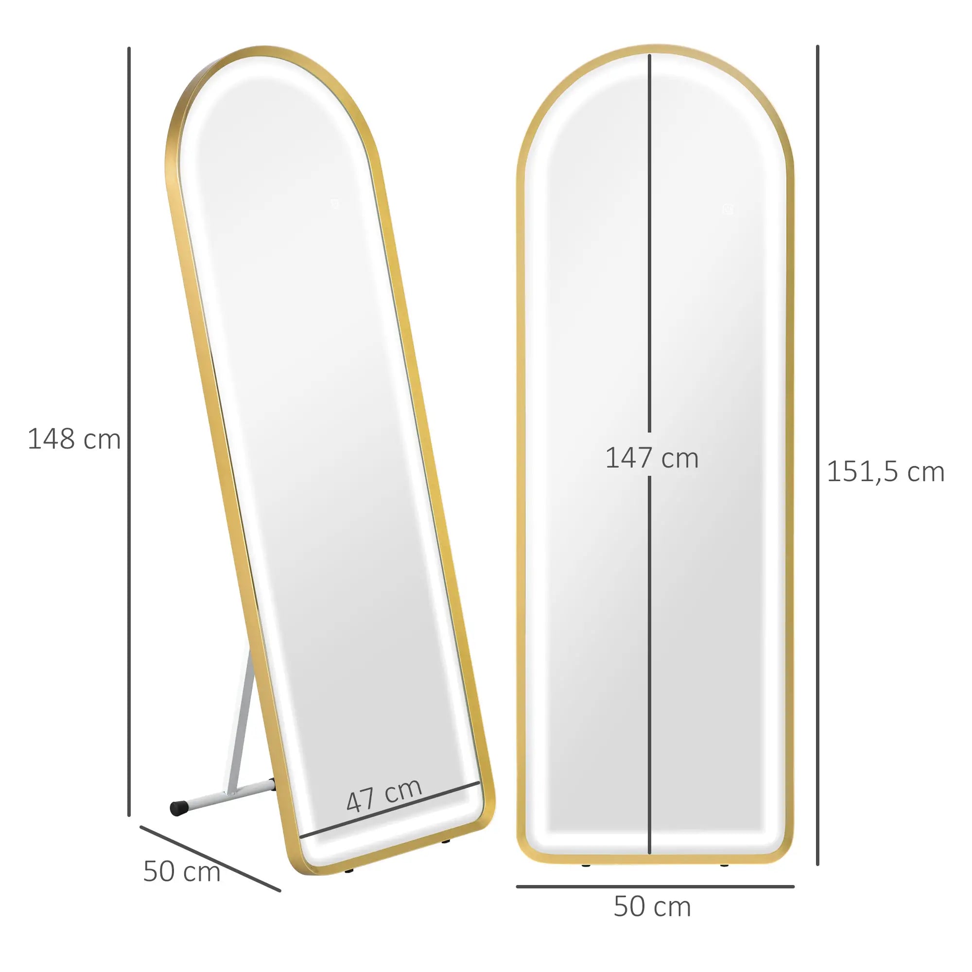 HOMCOM Standspiegel LED Touch dimmbar 3-in-1 Aluminium Gold