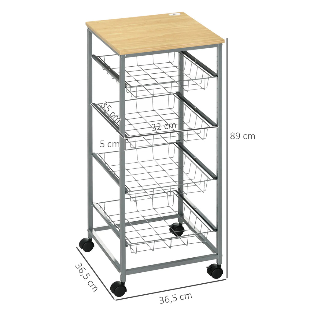 HOMCOM Carrello da Cucina con Ruote a 4 Cesti in Acciaio