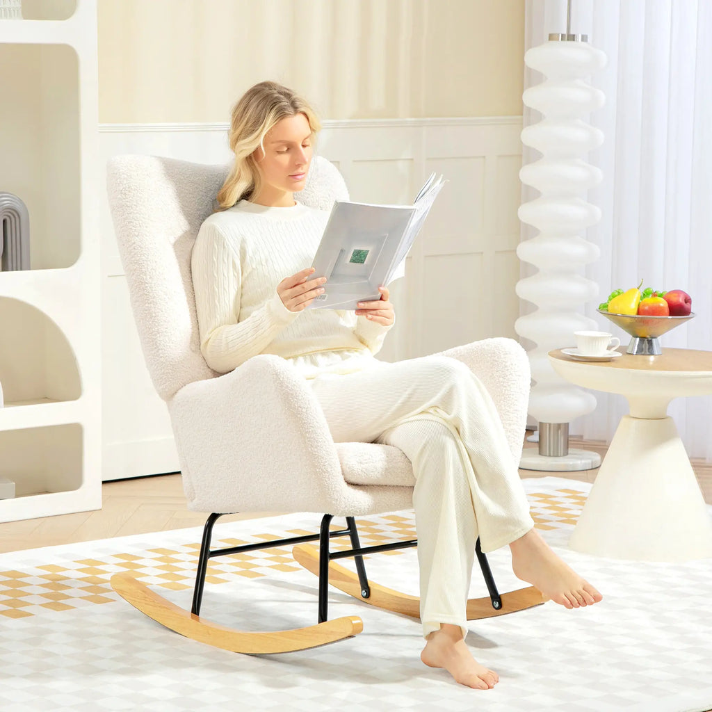 HOMCOM Sedia a Dondolo da Soggiorno con Dondolio Lieve, Tessuto Teddy, Bianco Crema