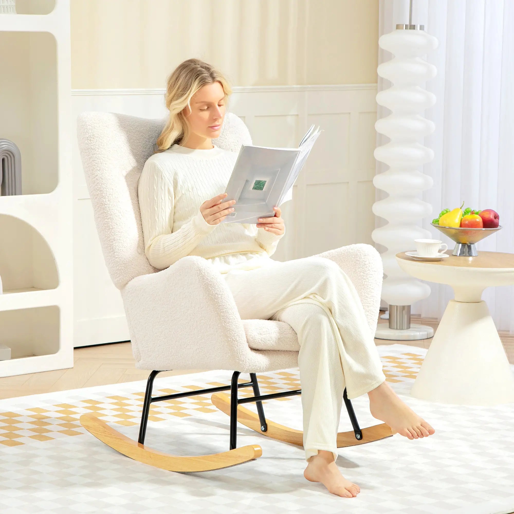 HOMCOM Sedia a Dondolo da Soggiorno con Dondolio Lieve, Tessuto Teddy, Bianco Crema