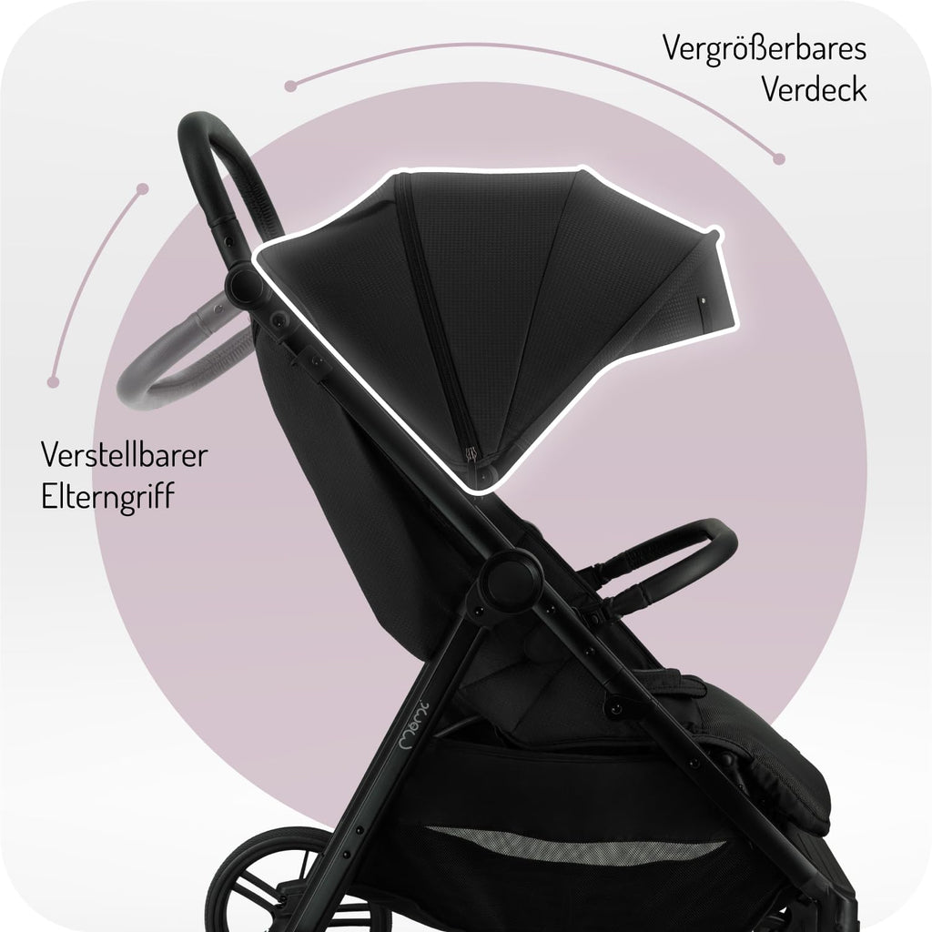 MoMi Passeggino CLARA, Passeggino dai 6 mesi in su, fino a 22 kg di peso corporeo, cintura di sicurezza a 5 punti, sacco coprigambe, portabicchieri, cestino della spesa, borsa per il cambio, zanzariera e parapioggia