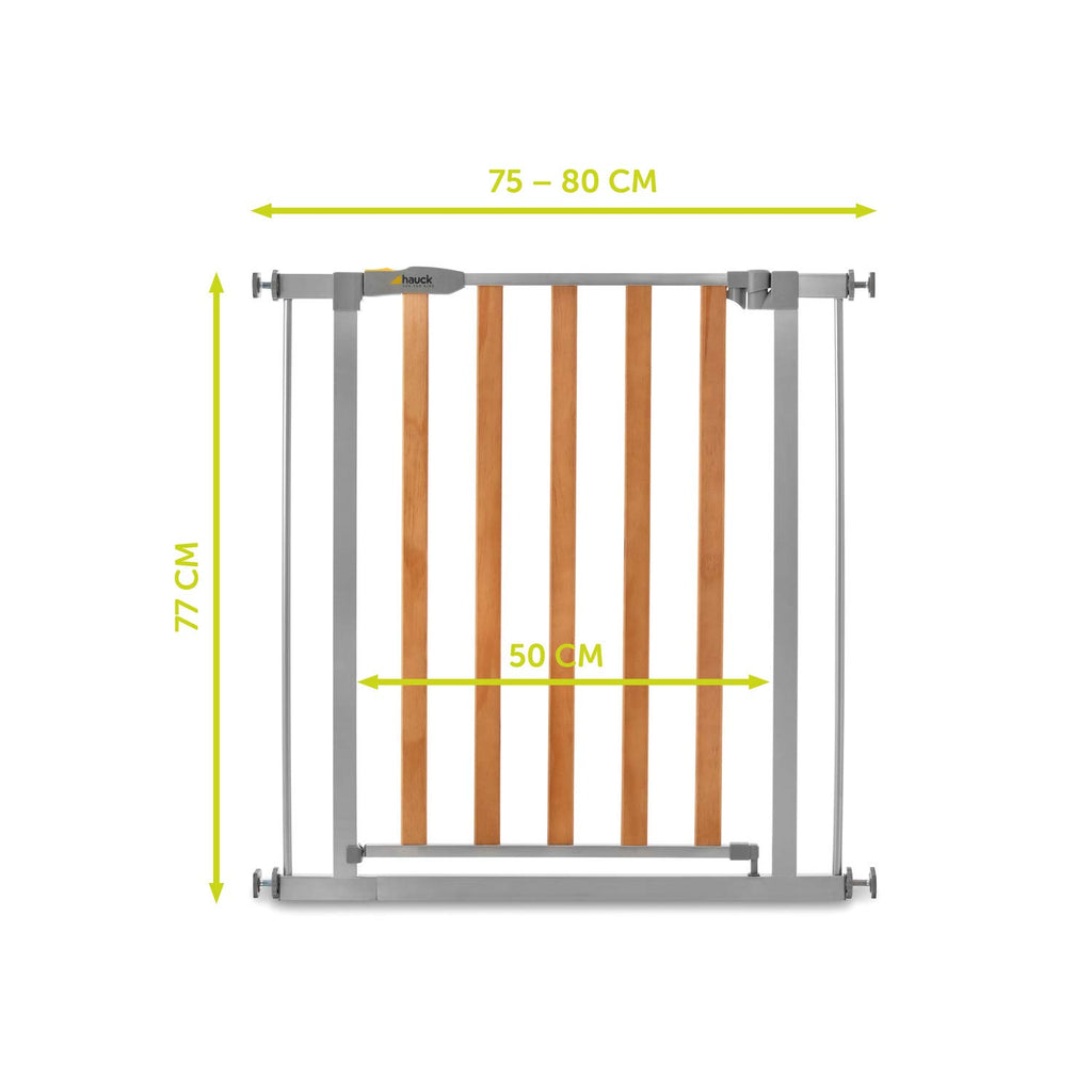 hauck Treppenschutzgitter / Türschutzgitter mit Holzoptik Woodlock 2 mit 9 cm Verlngerung für Breiten 84 - 89 cm, ohne Bohren, 0-24 Monate, Einhndiges ffnen, Beidseitig Schwenkbar, Metall (Silver)