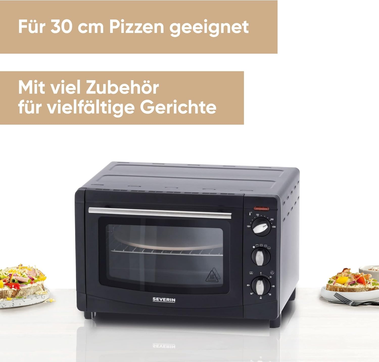 SEVERIN Back- und Toastofen mit Umluftfunktion, Mini Backofen mit Grillrost, Backblech, Drehspie und Pizzastein, vielseitiger Heiluftofen mit 20 L Kapazitt, 1.500 W, schwarz, TO 2068