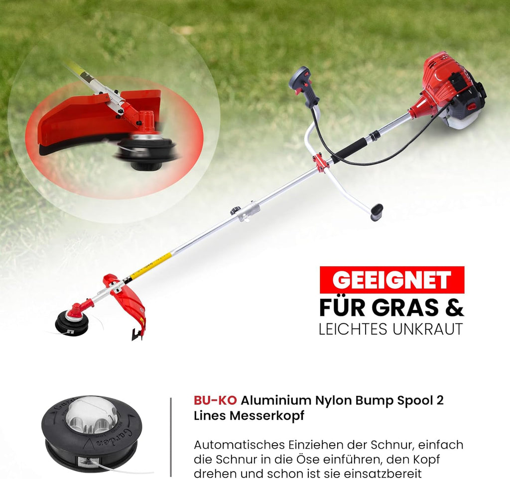 Decespugliatore a benzina BU-KO 52cc tagliaerba attrezzo da giardino include: tagliabordi, decespugliatore con lama a 3 denti, spazzola per erbacce in filo d'acciaio, lama da taglio. Ottimo attrezzo da esterno.