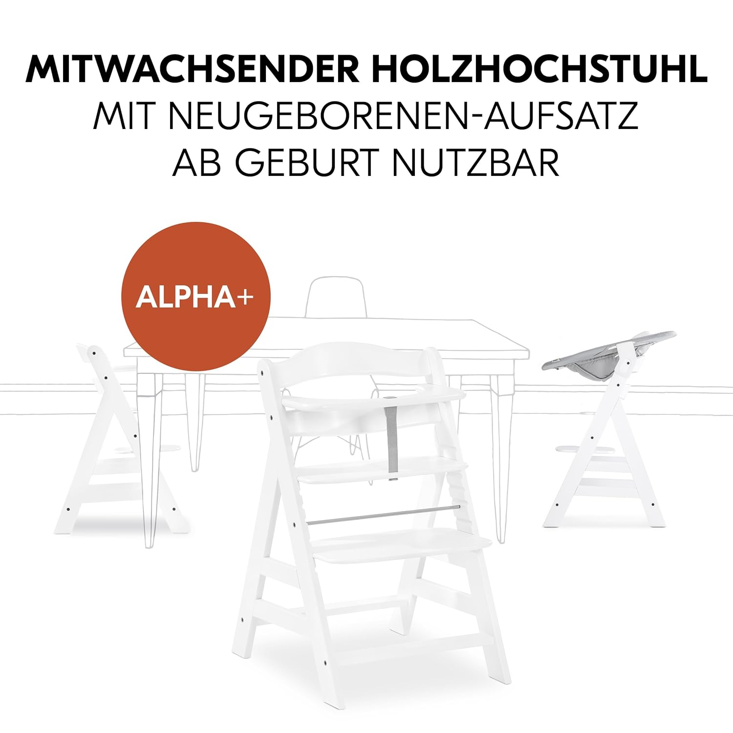 hauck Hochstuhl Alpha Plus Newborn Set mit 2in1 Bouncer - Mitwachsender Holz Babyhochstuhl ab Geburt, inkl. Sitzauflage & Neugeborenenaufsatz - Dark Grey