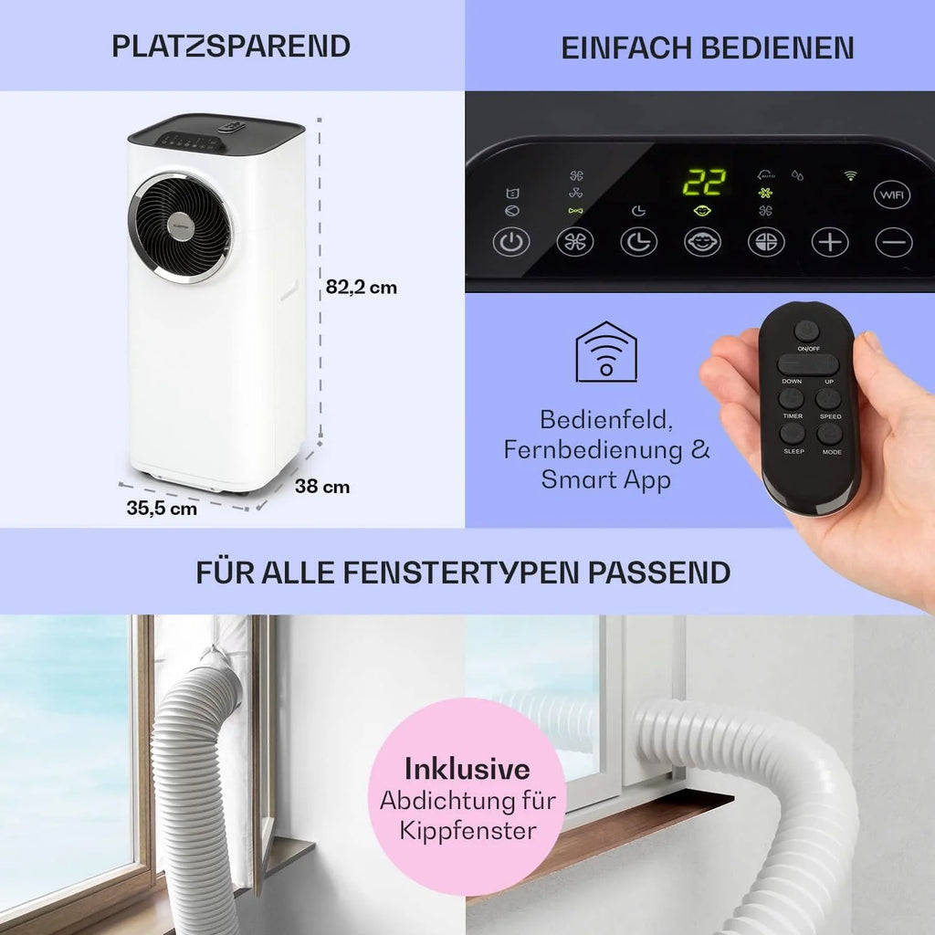 Klarstein Condizionatore Portatile 5-in-1 con Tubo di Scarico, Ventilatore, Deumidificatore, Purificatore d'Aria e Modalità Notturna, Controllo tramite App, Piccolo e Portatile, per Casa e Ufficio, 12000 BTU