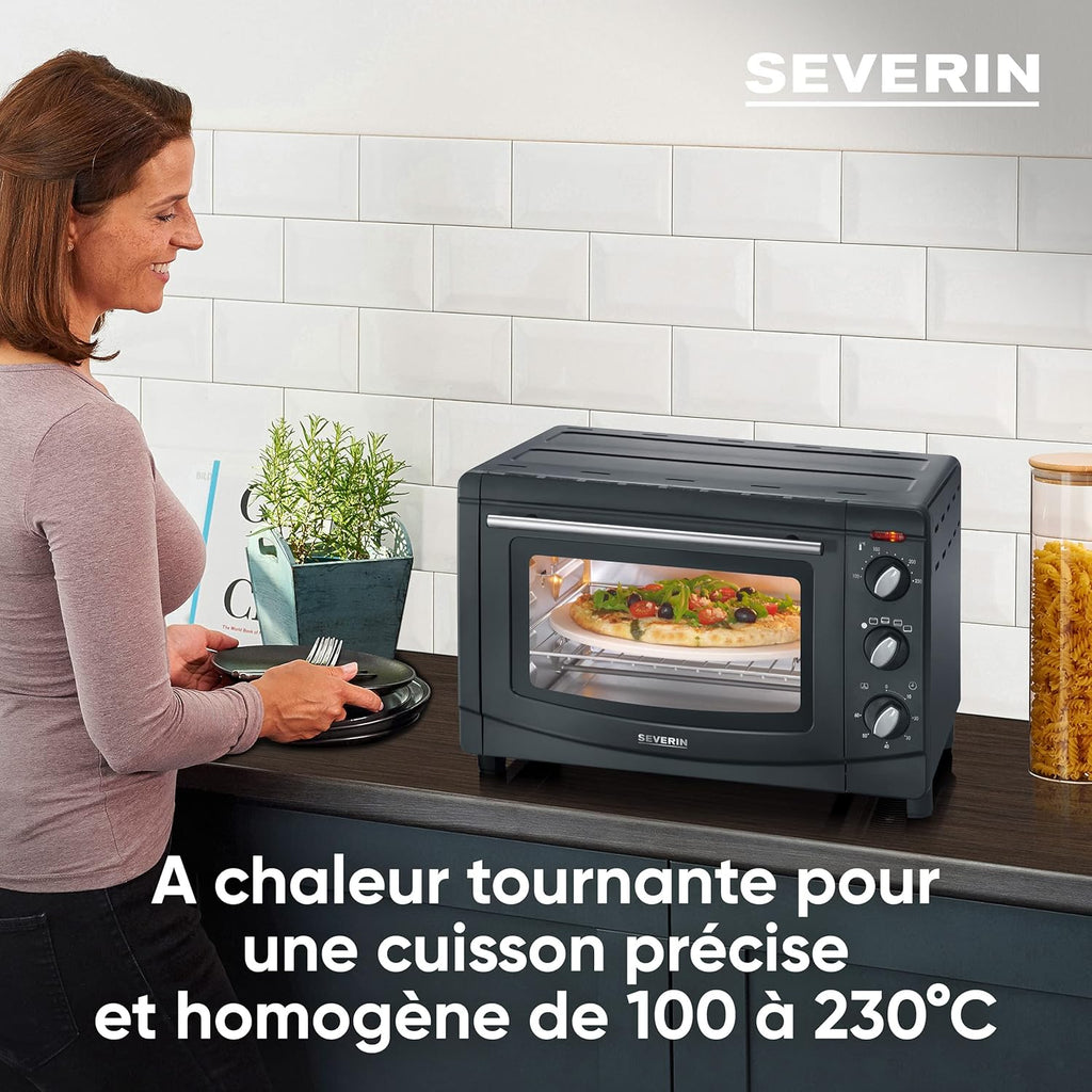 SEVERIN Back- und Toastofen mit Umluftfunktion, Mini Backofen mit Grillrost, Backblech, Drehspie und Pizzastein, vielseitiger Heiluftofen mit 20 L Kapazitt, 1.500 W, schwarz, TO 2068