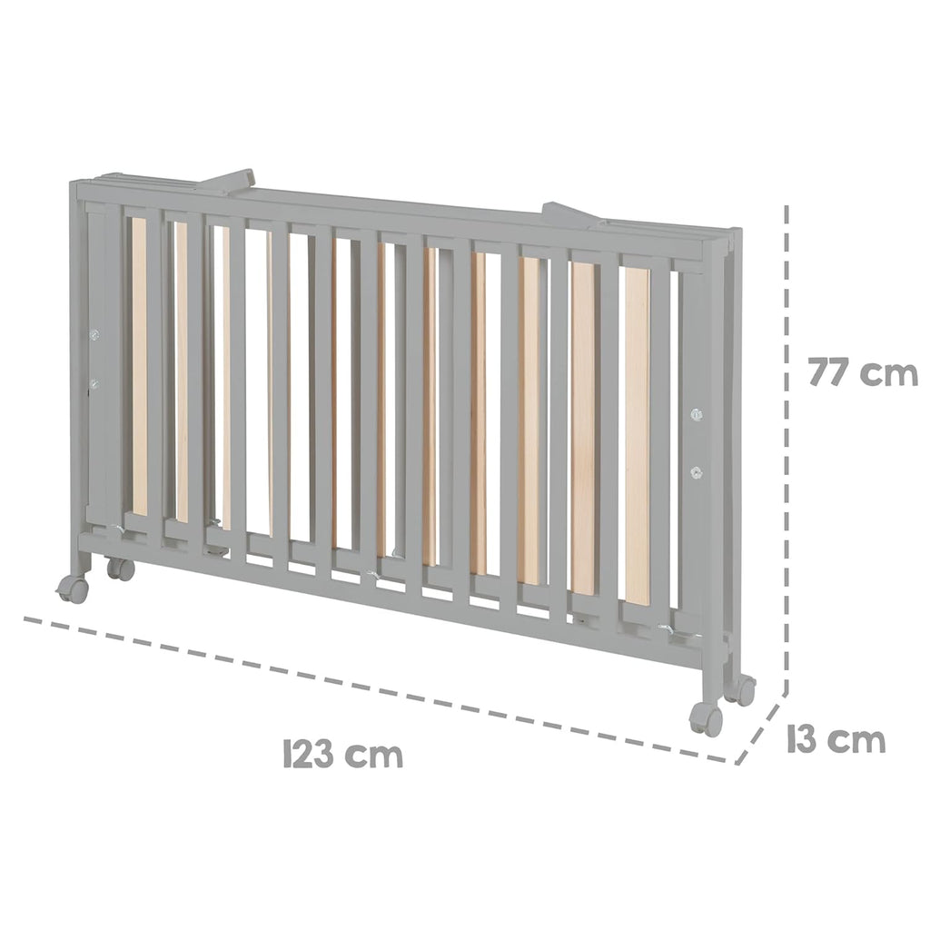 roba Klappbett Fold Up 60 x 120 - Klappbares Babybett aus Holz - 2-fach höhenverstellbar - Platzsparendes Gitterbett auf Rollen - Weiß
