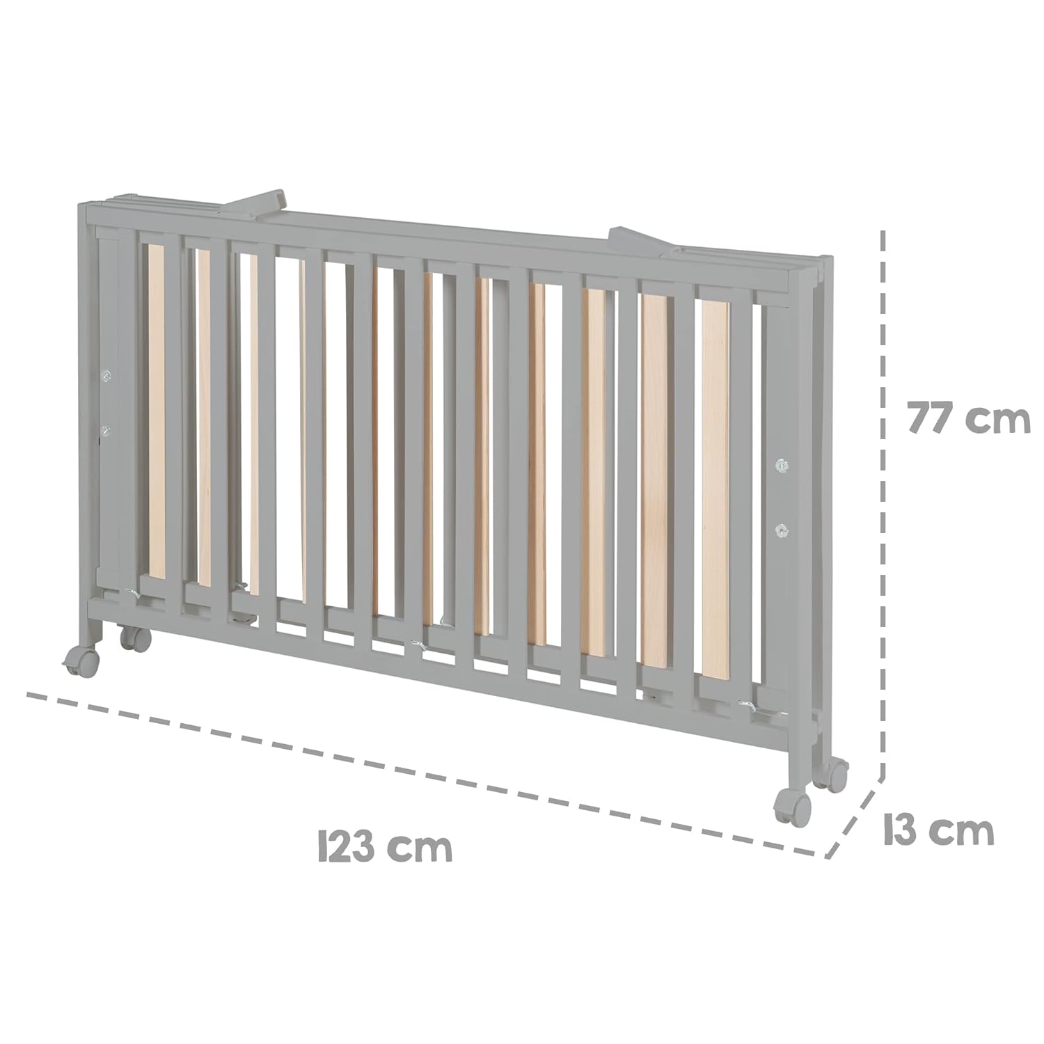 roba Klappbett Fold Up 60 x 120 - Klappbares Babybett aus Holz - 2-fach höhenverstellbar - Platzsparendes Gitterbett auf Rollen - Weiß