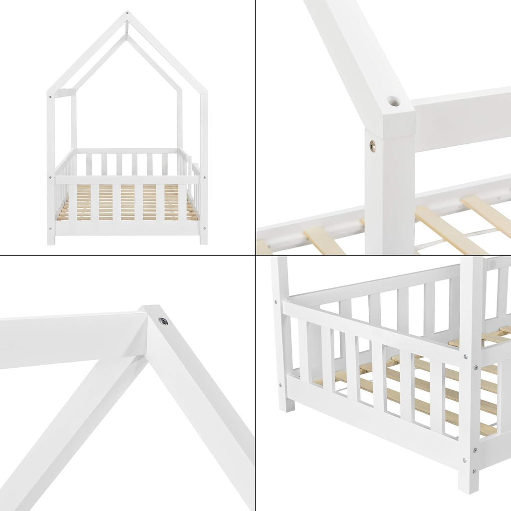 [en.casa] Letto per bambini Sisimiut a capanna 80 x 160 cm con protezione anticaduta letto in legno per bambini letto a terra rete a doghe in legno di pino Bianco opaco
