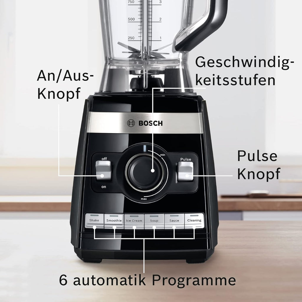 Bosch Frullatore VitaBoost MMBH6P6BDE, lama a 6 punte in acciaio inox, caraffa in Tritan da 2,5l, pestello, 6 programmi automatici, ricettario, senza BPA, facile da pulire, 45.000 giri/min, 1600 W, nero
