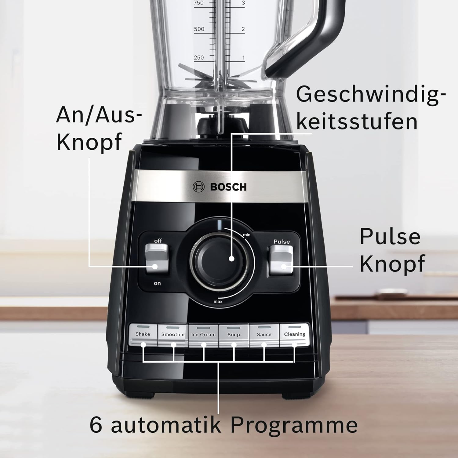 Bosch Frullatore VitaBoost MMBH6P6BDE, lama a 6 punte in acciaio inox, caraffa in Tritan da 2,5l, pestello, 6 programmi automatici, ricettario, senza BPA, facile da pulire, 45.000 giri/min, 1600 W, nero
