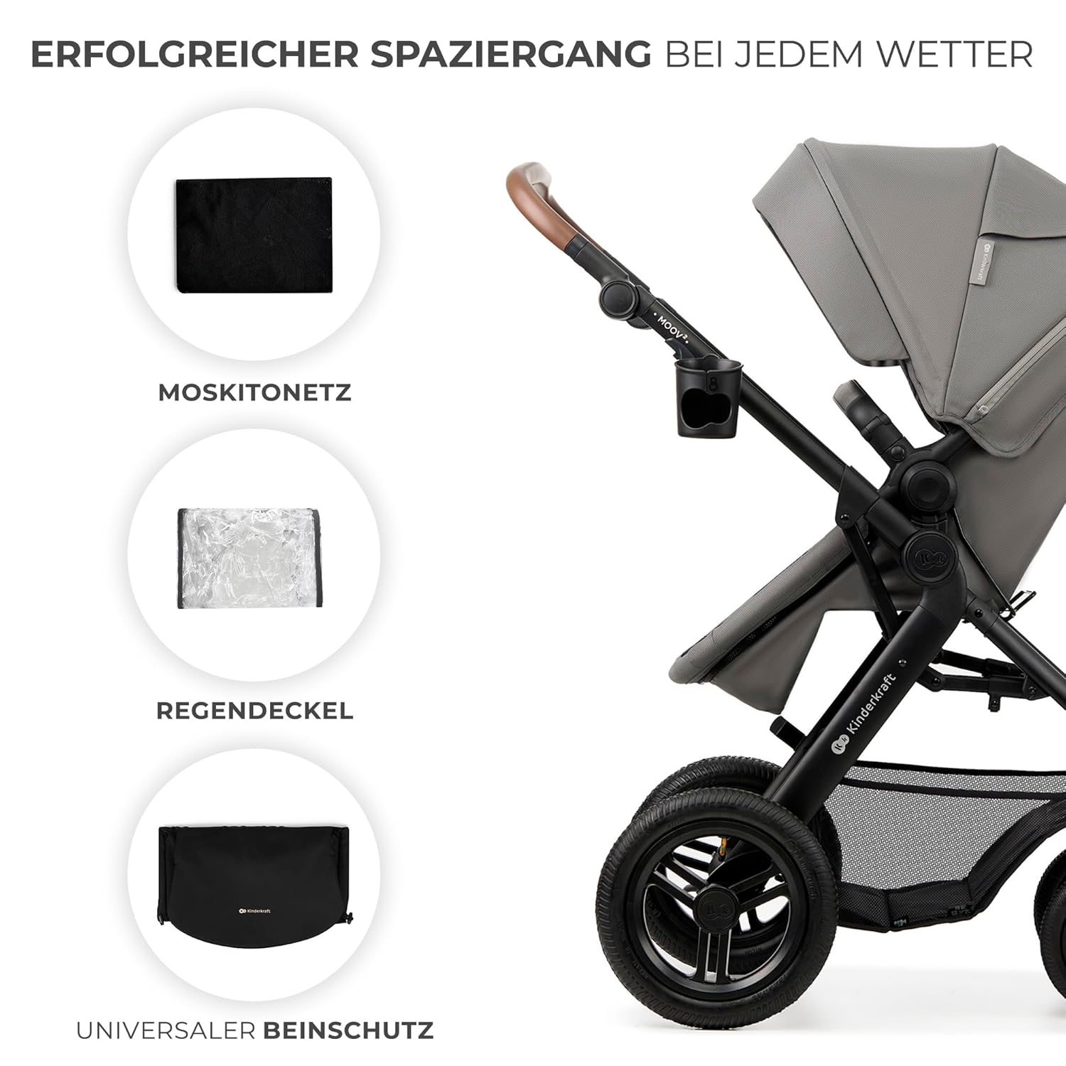 Kinderkraft MOOV2 AIR Passeggino 3 in 1, Set da 26 kg con seggiolino auto I-SIZE 40-75 cm, funzione passeggino, schienale reclinabile, ampia cappottina estensibile, ruote gonfiabili, grigio
