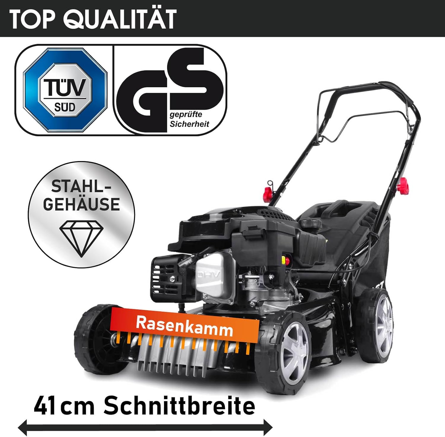 BRAST Tosaerba a Benzina con Trazione | 3,0kW (4,1PS) | Avviamento Elettrico | 41cm Larghezza di Taglio | Vari Modelli | TÜV | Motore 4 Tempi OHV | Altezza di Taglio 25-75mm | Cesto Raccolta 40L | Scocca in Acciaio | 16145 Estart