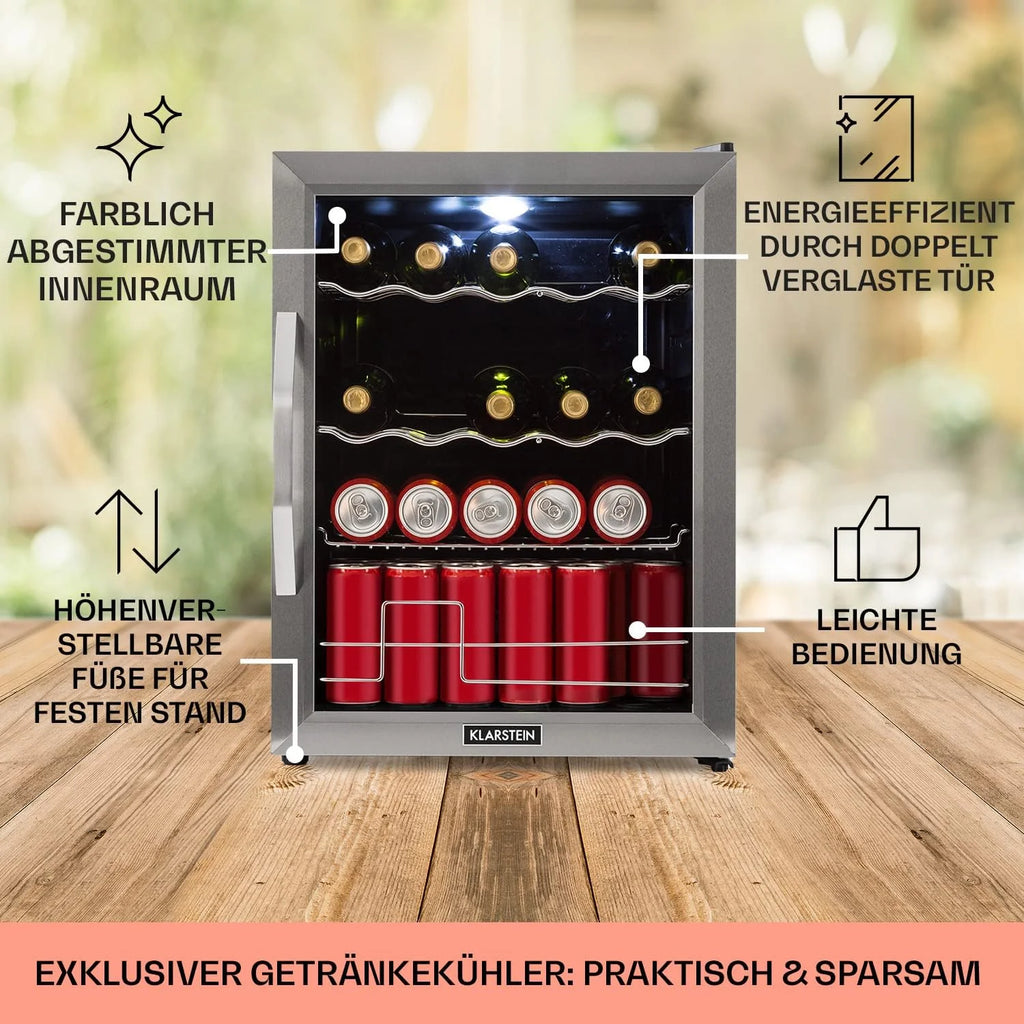 Klarstein Mini Kühlschrank mit Glastür für Zimmer, Getrnkekühlschrank mit Verstellbaren Ablagen, Kleiner 80 Liter, Indoor/Outdoor Kühlschrank Leise