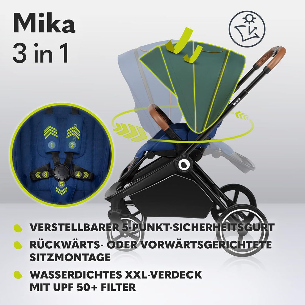 Passeggino LIONELO MIKA PLUS 3-in-1, da 0 a 48 mesi, fino a 22 kg, navicella fino a 9 kg, seggiolino auto fino a 13 kg, schienale regolabile, ammortizzazione, ruote a 360°, cappottina XXL