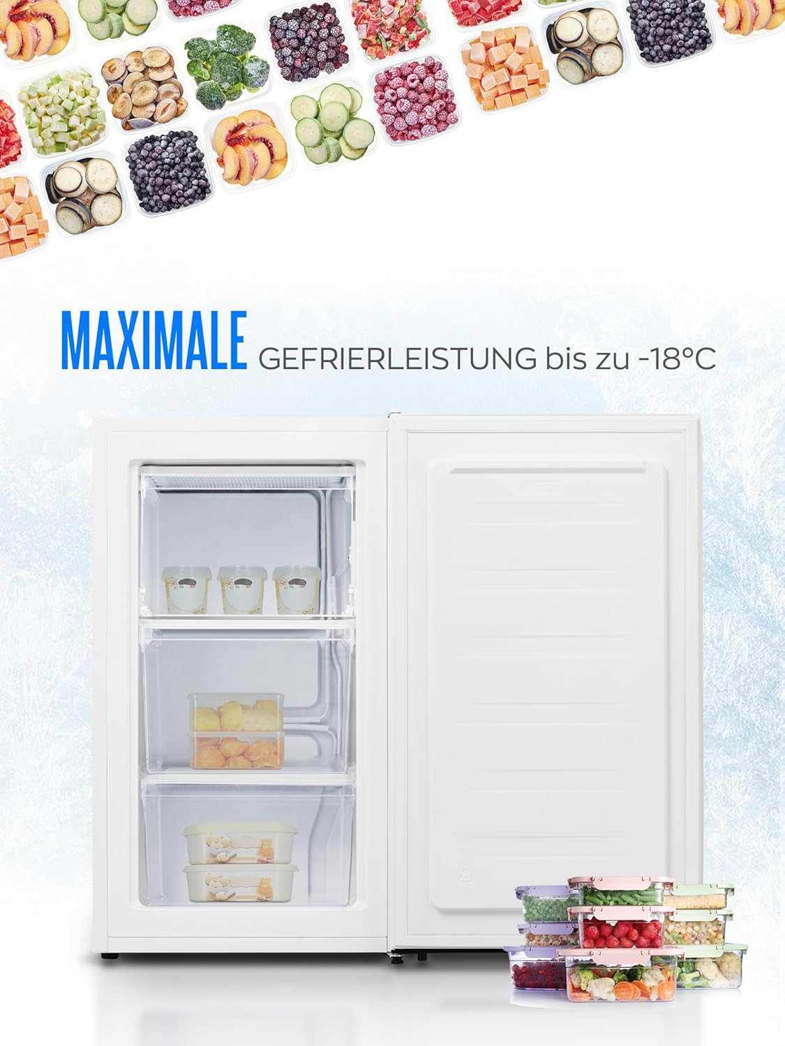 Congelatore Heinrich 61 litri -18°C, 3 cassetti congelatore, regolatore temperatura a 7 livelli, Airflow, porta reversibile, bianco