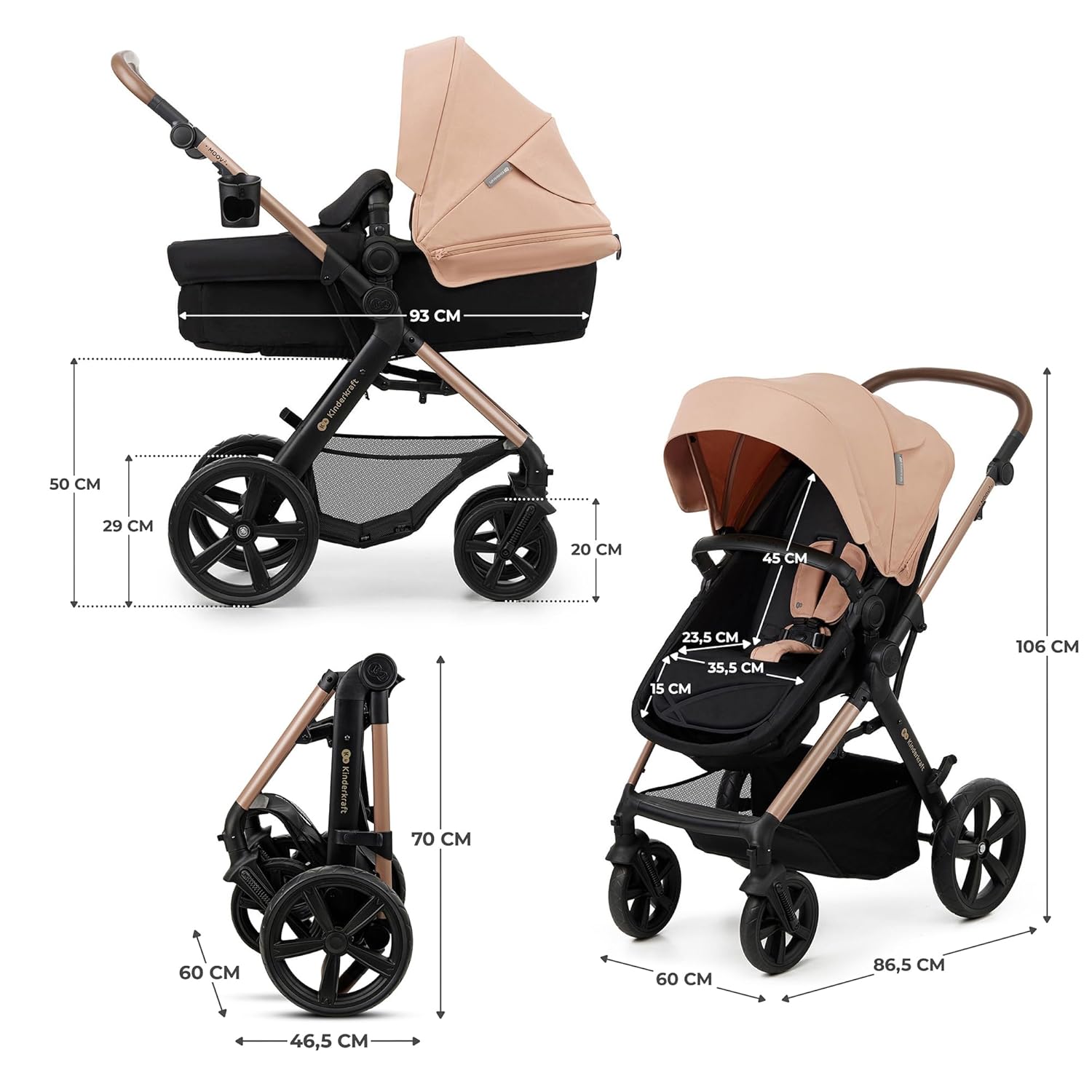 Kinderkraft MOOV2 AIR Passeggino 3 in 1 Set Passeggino fino a 26 kg con seggiolino auto I-SIZE 40-75 cm, funzione passeggino, schienale reclinabile, ampia capottina estensibile, ruote gonfiabili, nero