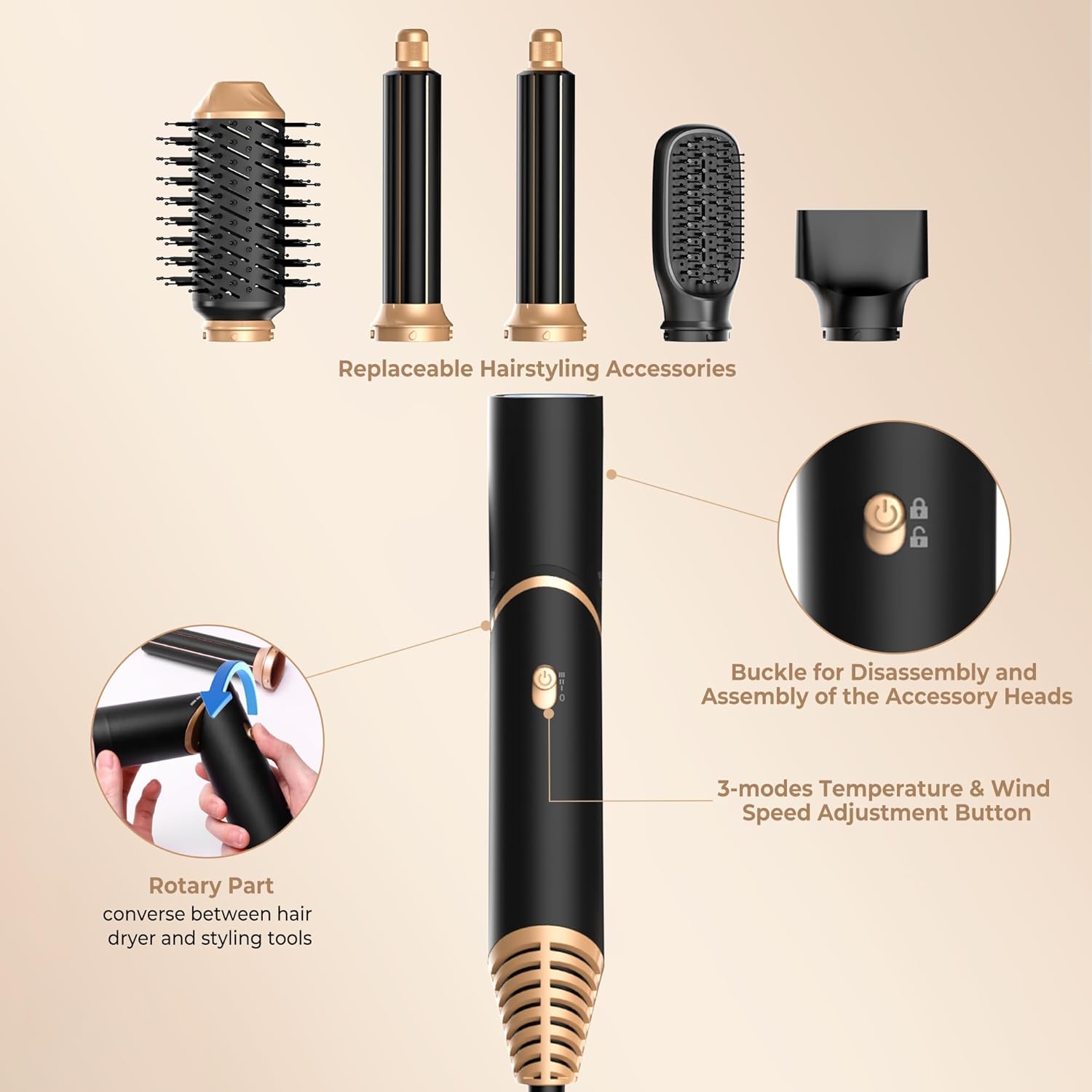 UKLISS 7 in 1 Pro Airstyler & Ionen Föhn [110,000RPM] High-speed Haartrockner Ionen Hair Dryer, mit Heißluft Lockenwickler Thermal Brush Haarglätterbürste Warmluftbürste Föhnbürste, 1200W/Blau