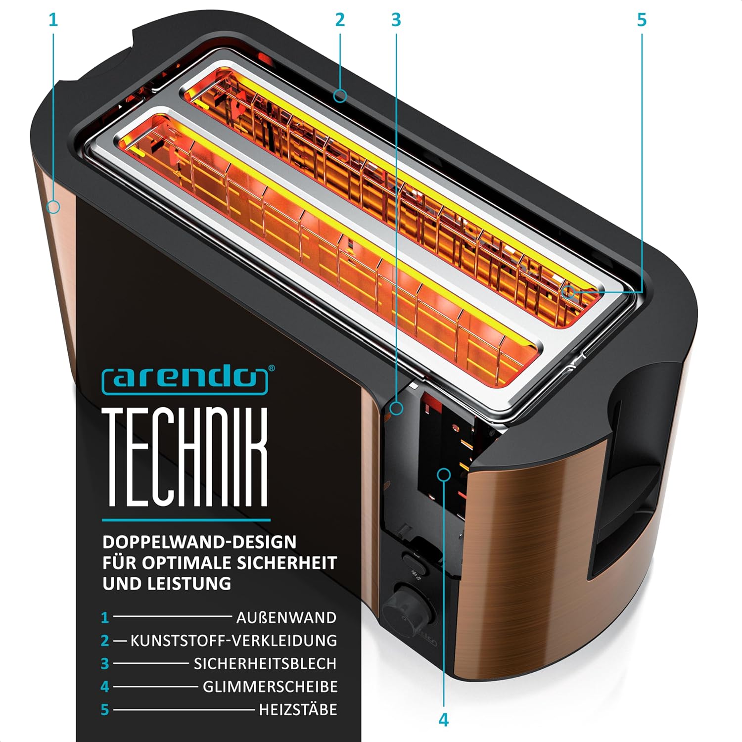 Arendo - Tostapane a fessura lunga in acciaio inox per 4 fette - Funzione scongelamento - Corpo isolante dal calore - Con scaldavivande integrato - Vassoio raccoglibriciole - Display con indicazione del tempo residuo - Nero opaco