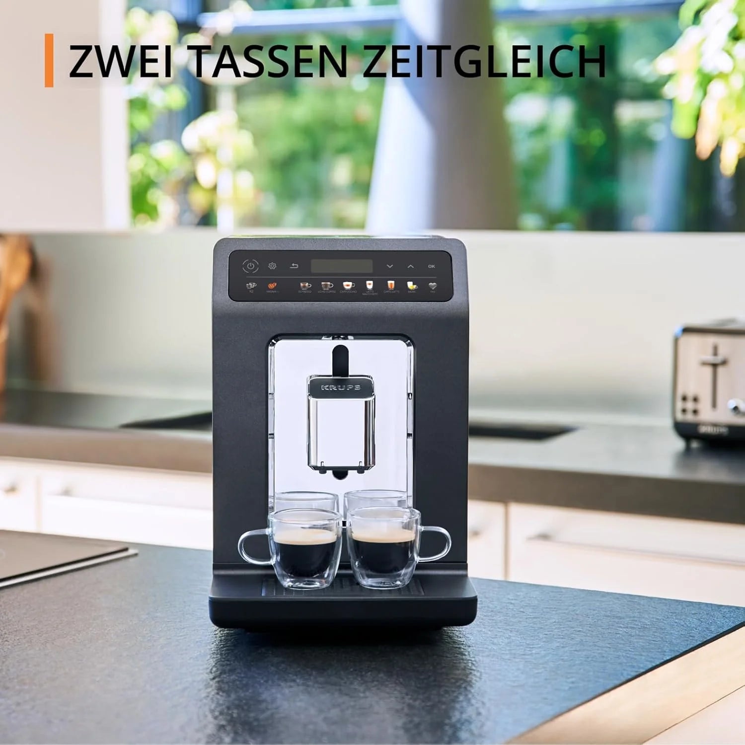 Krups Evidence One Macchina da Caffè Automatica con Tubo per il Latte, 12 Bevande, Funzione 2 Tazze, Display a Colori, Macchina del Caffè, Sigillo TÜV, Nero, EA895N10, Meteor Graphit