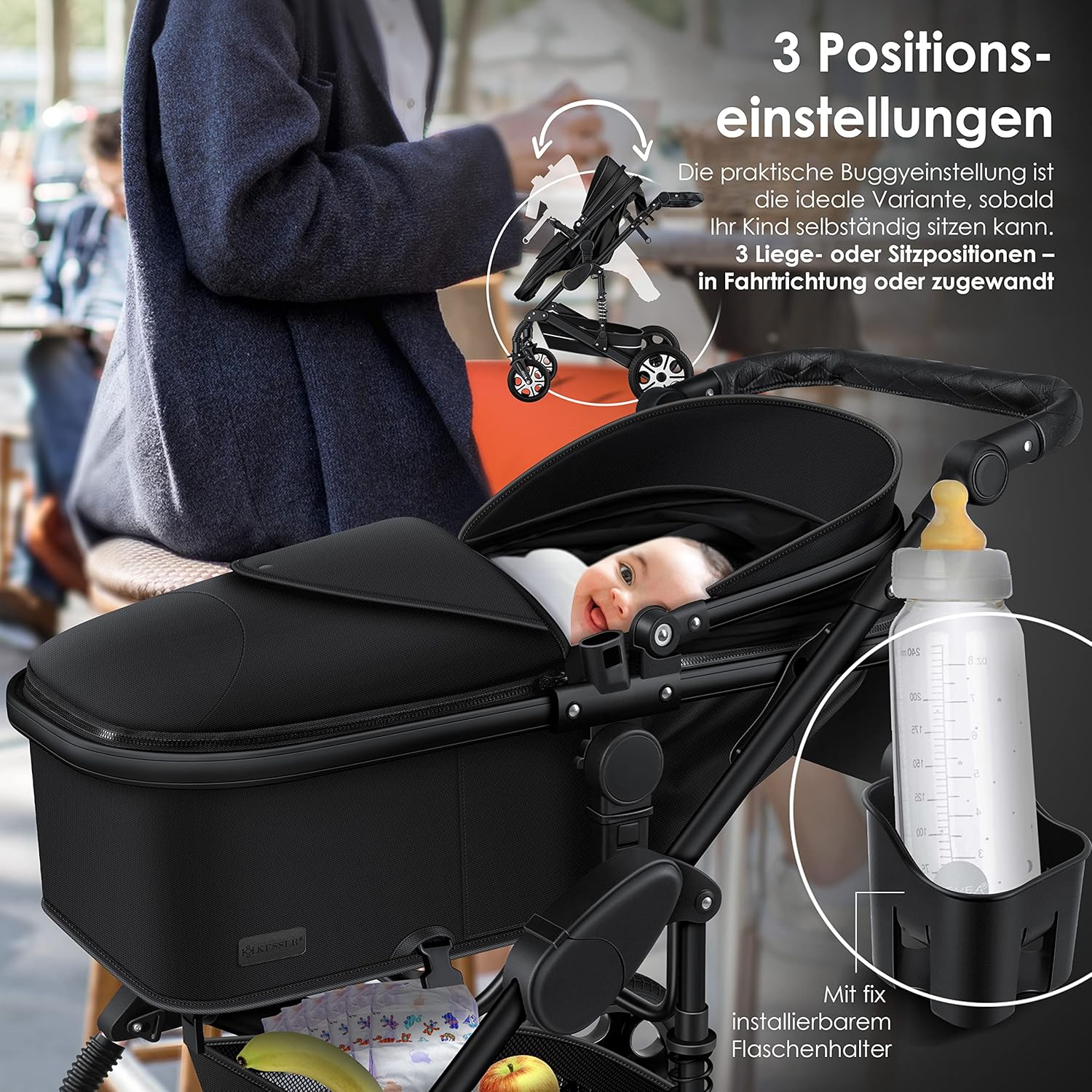 KESSER® Loops Passeggino Trio 3 in 1, Set Completo con Navicella, Seduta Passeggino e Seggiolino Auto Ovetto, Ruote in Gomma Piena, Borsa Fasciatoio, Parapioggia, Tavolino, ECE R129, Nero/Champagne