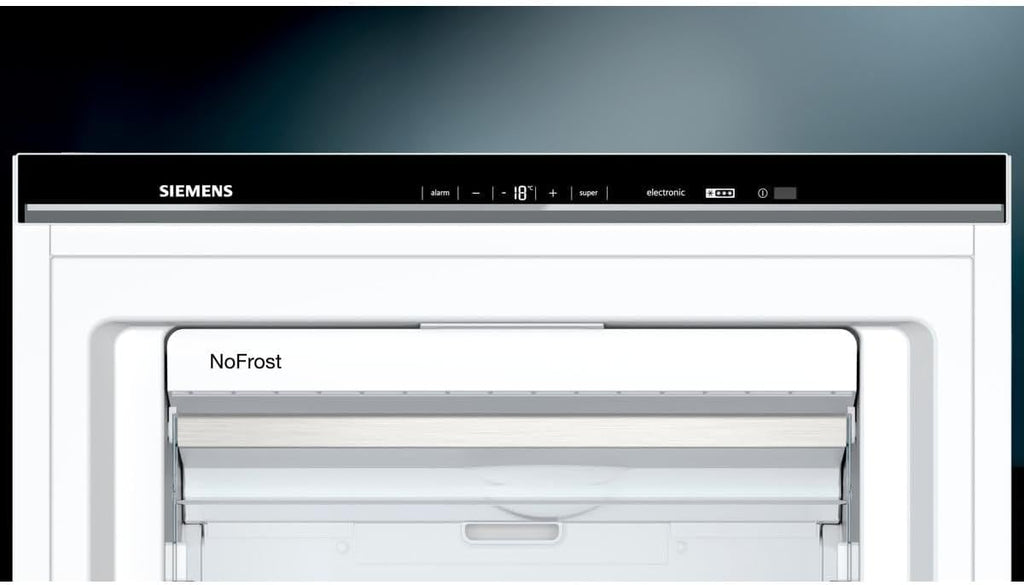 Siemens GS54NAWCV iQ500 Congelatore verticale, 176 x 70 cm, 327 L, NoFrost mai più sbrinamento, bigBox spazio per alimenti di grandi dimensioni, varioZone ripiani e cassetti flessibili in vetro, Bianco