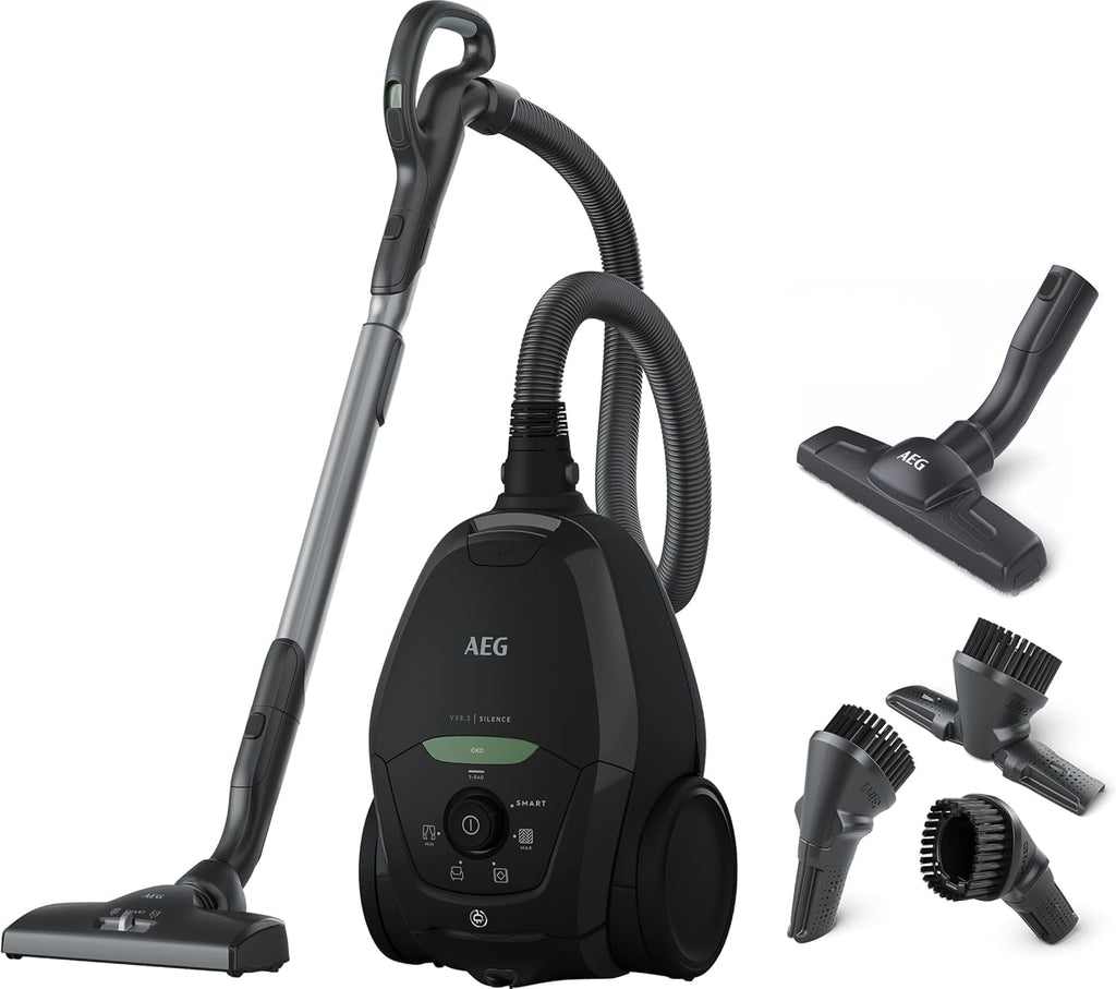 AEG VX82-1-KO Aspirapolvere / 75% materiale riciclato / regolazione automatica della potenza di aspirazione / estremamente silenzioso anche su tappeti / raccoglie particelle grandi + piccole / cavo lungo / 600W / nero