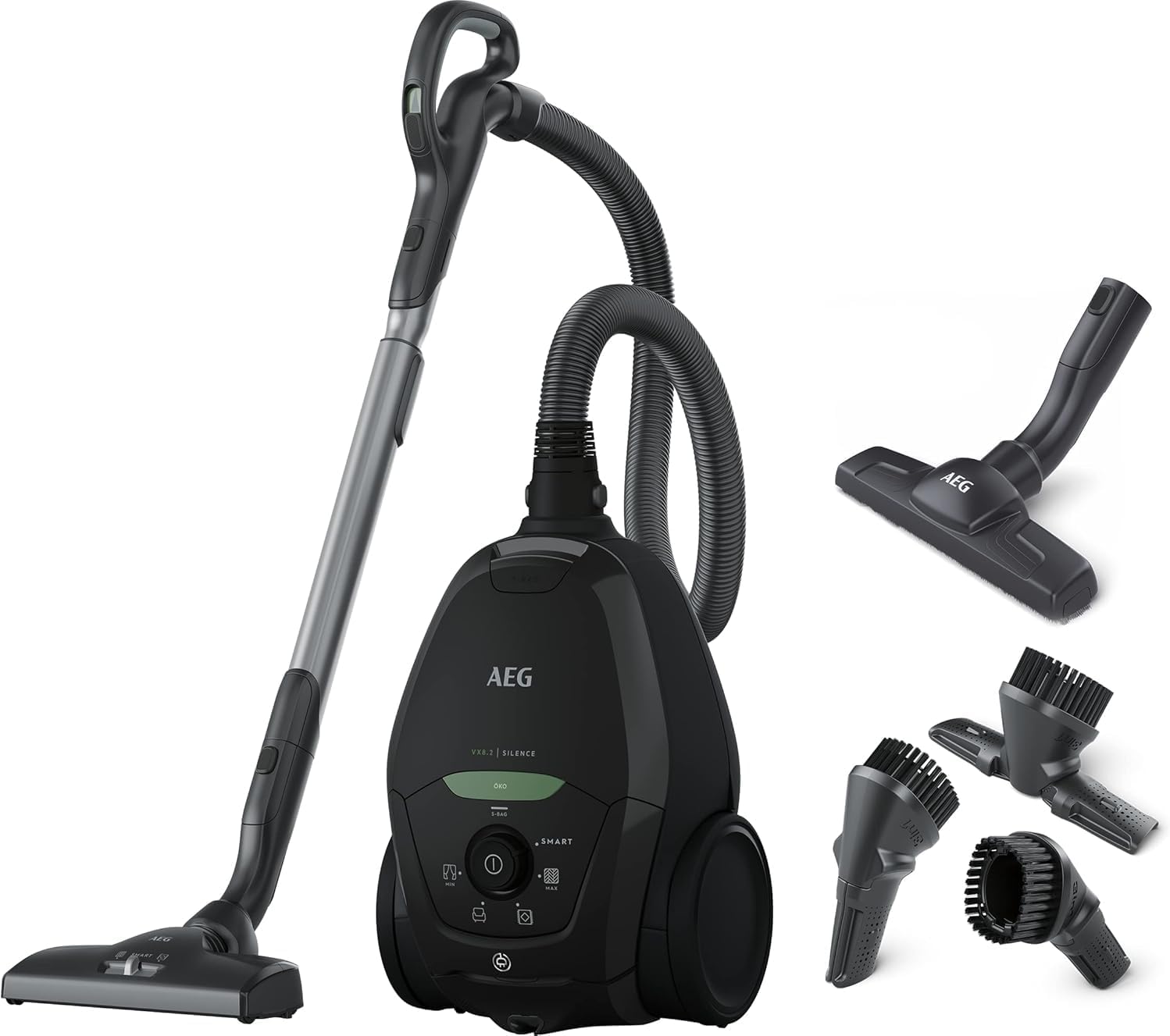 AEG VX82-1-KO Aspirapolvere / 75% materiale riciclato / regolazione automatica della potenza di aspirazione / estremamente silenzioso anche su tappeti / raccoglie particelle grandi + piccole / cavo lungo / 600W / nero