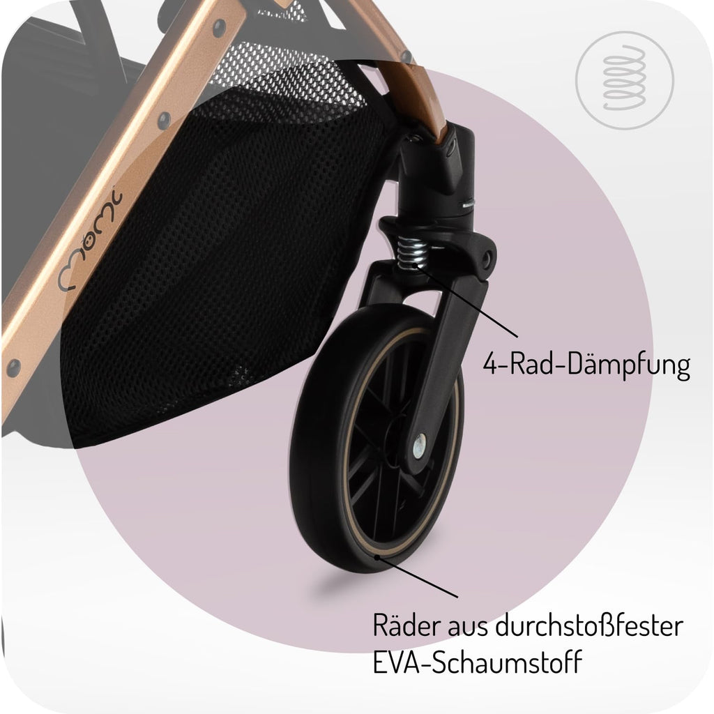 MOMI ESTELLE Kinderwagen für Kinder ab 6 Monat bis zu max körpergewicht von 15 kg, klappbar auf die Maße 65 x 51 x 21 cm, gewicht 7,5 kg, 5-Punkt-Sicherheitsgurt, koffer, grau-gold, Räder 6''/6,5''