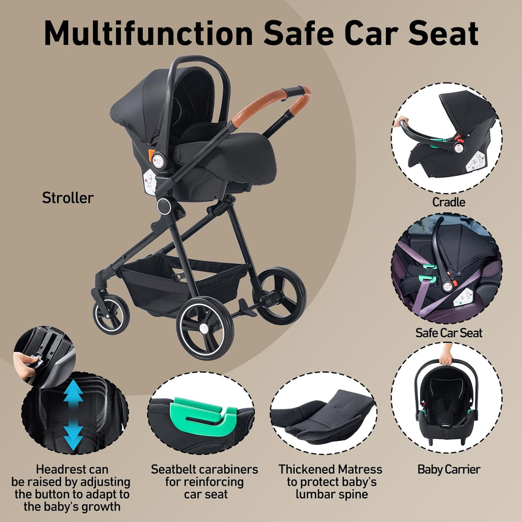 Passeggino 3 in 1 Zkiprm, portatile con seggiolino auto, 3 modalità convertibili, telaio in alluminio di alta qualità, alta visibilità, passeggino leggero, grigio