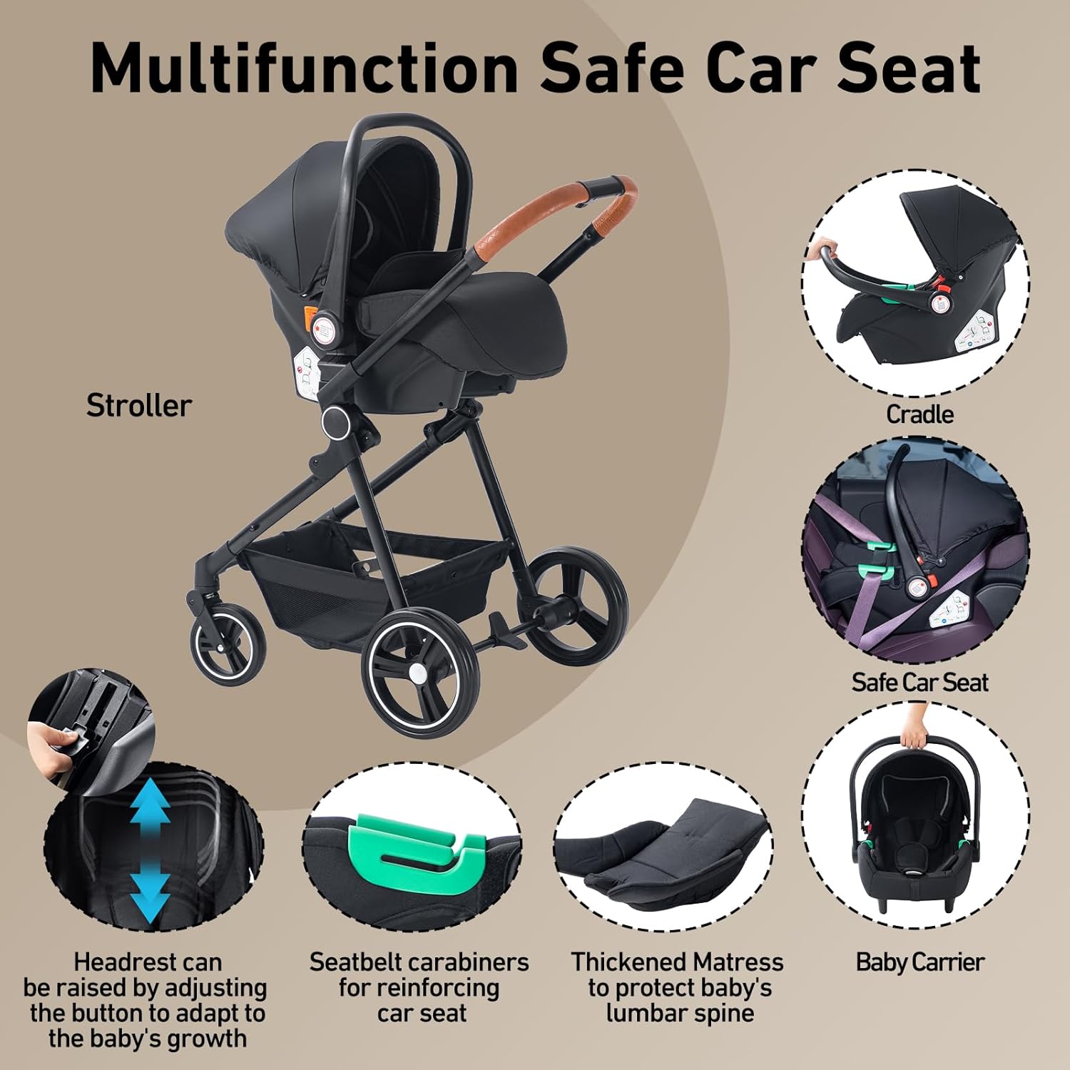 Passeggino 3 in 1 Zkiprm, portatile con seggiolino auto, 3 modalità convertibili, telaio in alluminio di alta qualità, alta visibilità, passeggino leggero, grigio