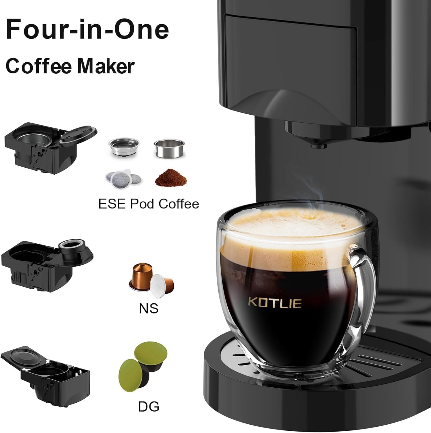 KOTLIE AC-513HF 5 in 1 Kaffeemaschine für NES/DG/a modo mio/Gemahlener Kaffee/ESE(44mm), Höhe für große Tassen (Schwarz)