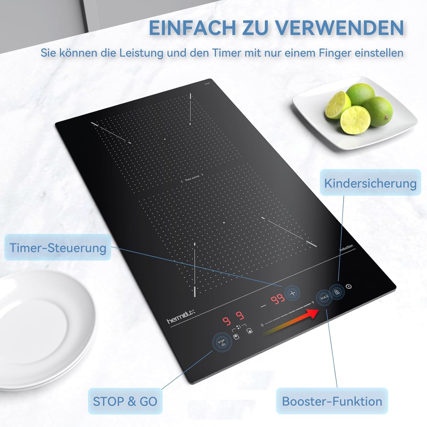 Induktionskochfeld 60cm, Eingebautes Schwarzes elektrisches Kochfeld, mit 4 Kochzonen, 9 Leistungsstufen, Geeignet für Eisen- und Edelstahltpf