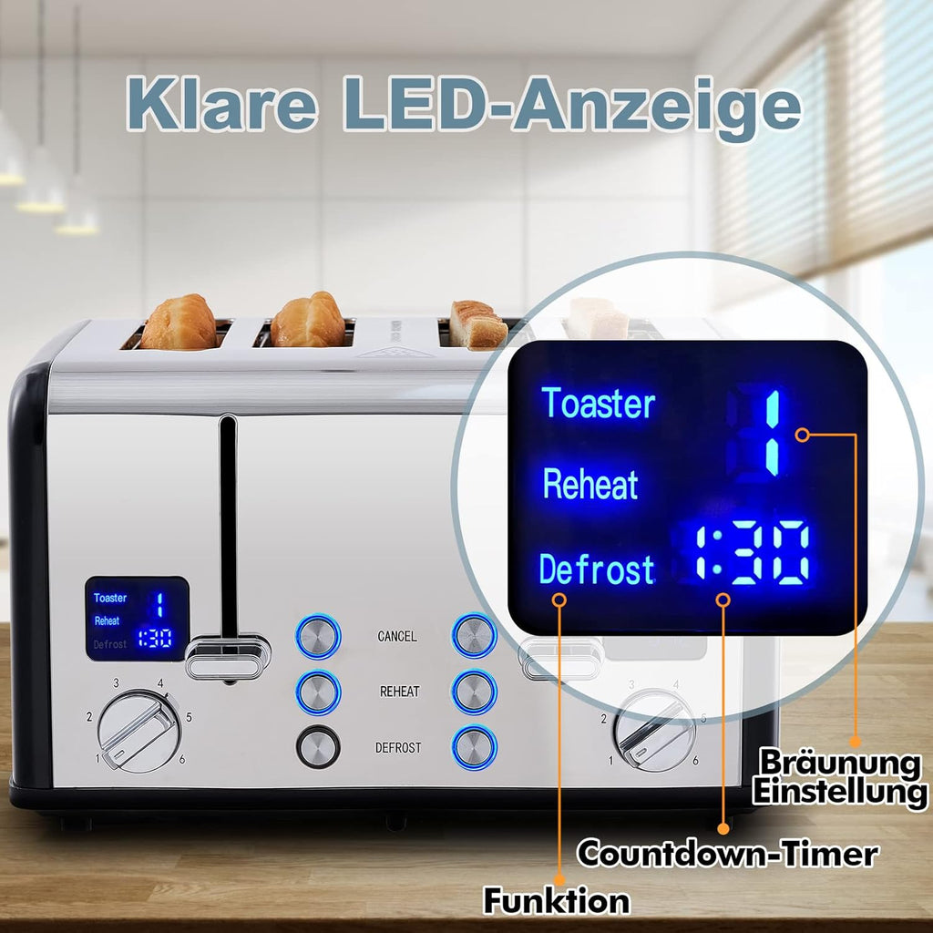 Tostapane 4 Fette, CUSIMAX Tostapane in acciaio inox con display a LED, 4 fessure extra larghe tostapane nero, 2 pannelli di controllo individuali con 6 livelli di doratura, funzione annulla, riscalda e scongela