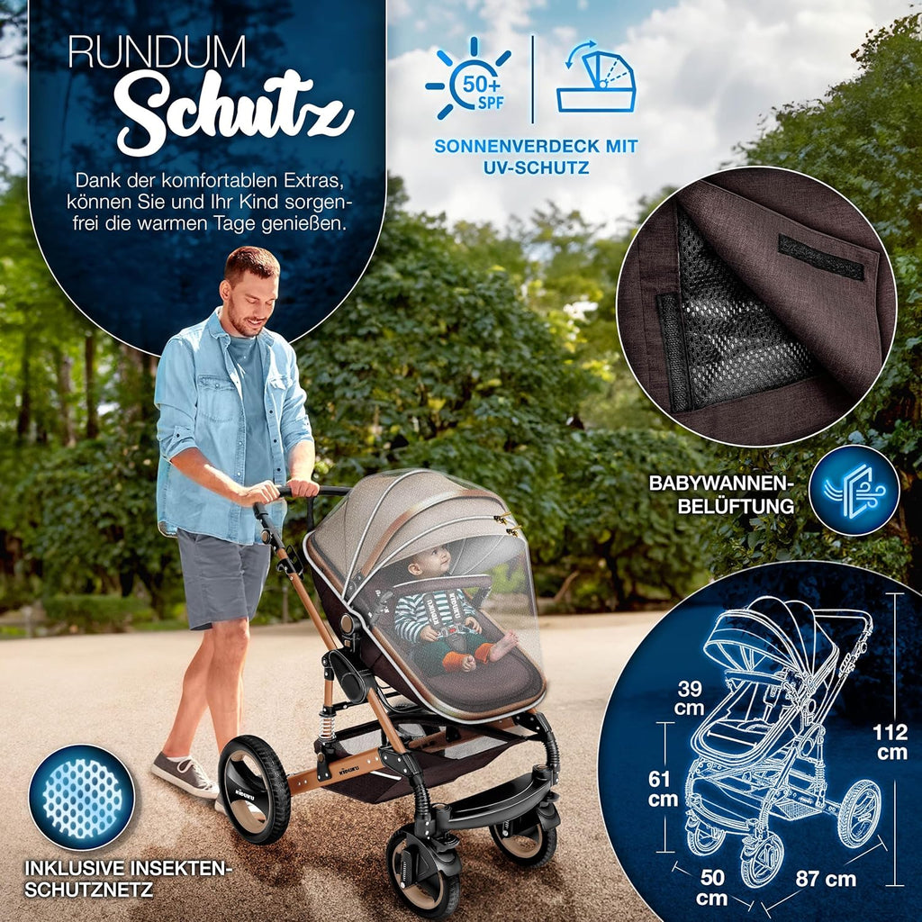 KIDUKU® Set completo passeggino 3 in 1 | Set passeggino combinato con navicella e sedile sportivo passeggino e seggiolino auto ovetto sacco a pelo | Ruote in gomma piena borsa per il cambio scaldamani parapioggia tavolino ECE R129