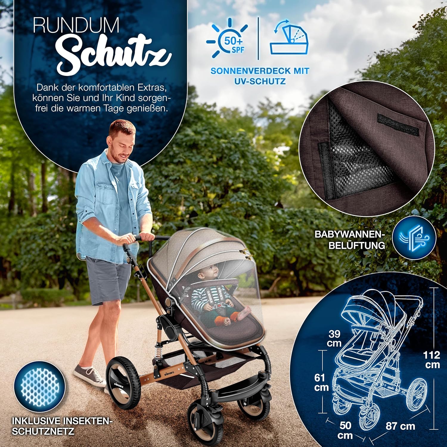 KIDUKU® Set completo passeggino 3 in 1 | Set passeggino combinato con navicella e sedile sportivo passeggino e seggiolino auto ovetto sacco a pelo | Ruote in gomma piena borsa per il cambio scaldamani parapioggia tavolino ECE R129