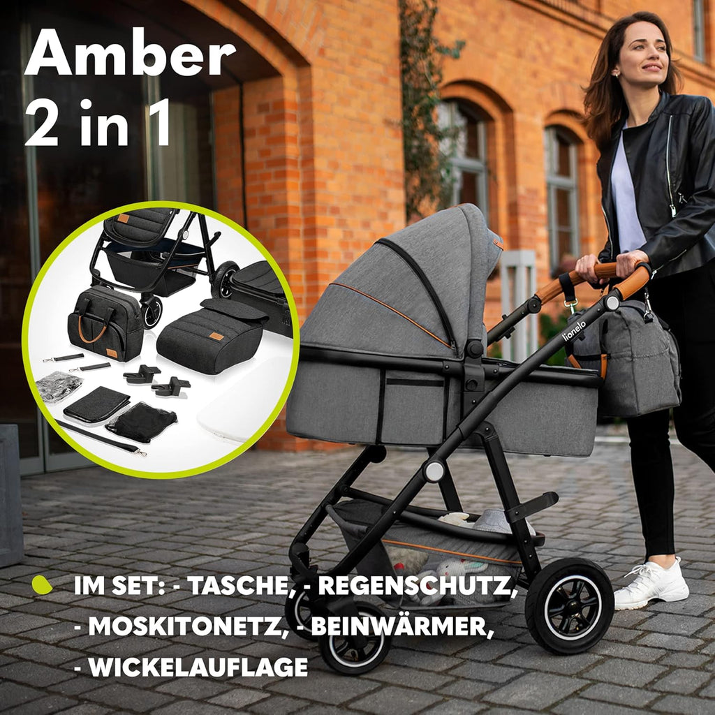 LIONELO Amber Kinderwagen 2 in 1 Kombikinderwagen, Kinderwagen Set mit sportlichen Sitz und fester Babywanne, Tasche, Moskitonetz, Abdeckung Regenblatt (Graphit)