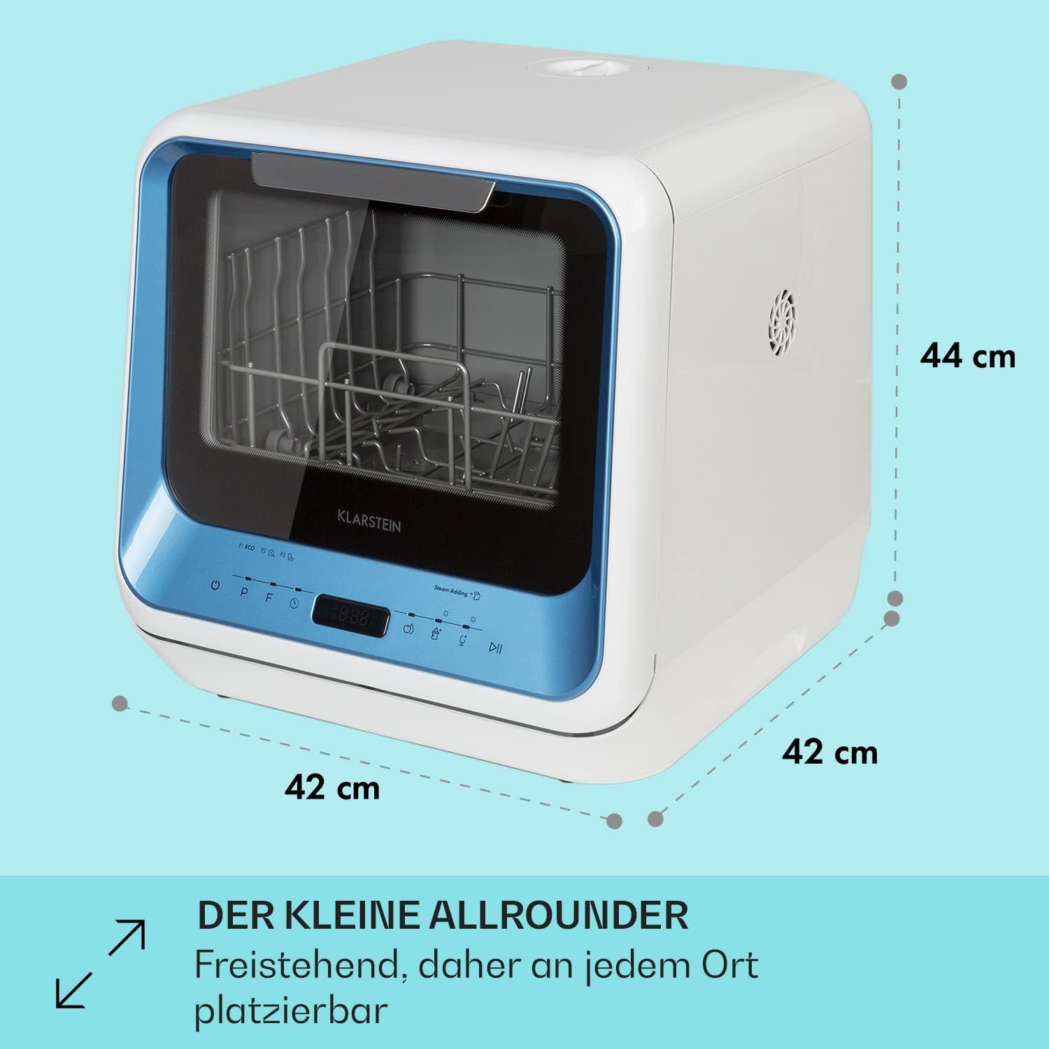 Klarstein ia Mini Lavastoviglie, lavastoviglie con spazio per 2 coperti, 6 programmi, richiede 5 litri d'acqua, display a LED, touch, lavastoviglie da tavolo incl. accessori, nero