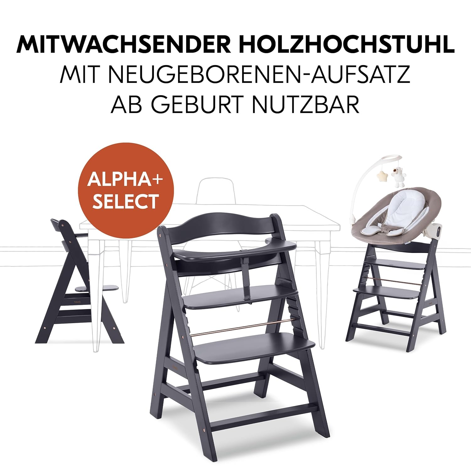 hauck Alpha Plus Newborn Set Deluxe - Seggiolone Pappa Legno da Nascita con Funzione Sdraietta - include Sdraietta per Neonato & Cuscino - Evolutivo, Regolabile - Dark Grey