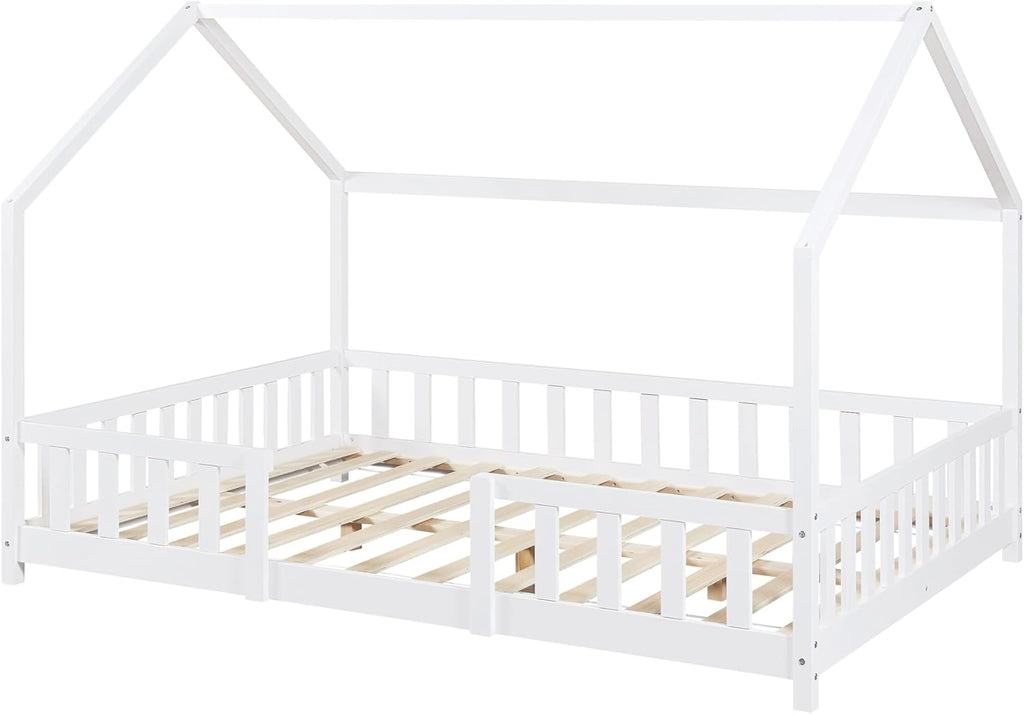 [en.casa] Letto per bambini Sisimiut a capanna 80 x 160 cm con protezione anticaduta letto in legno per bambini letto a terra rete a doghe in legno di pino Bianco opaco