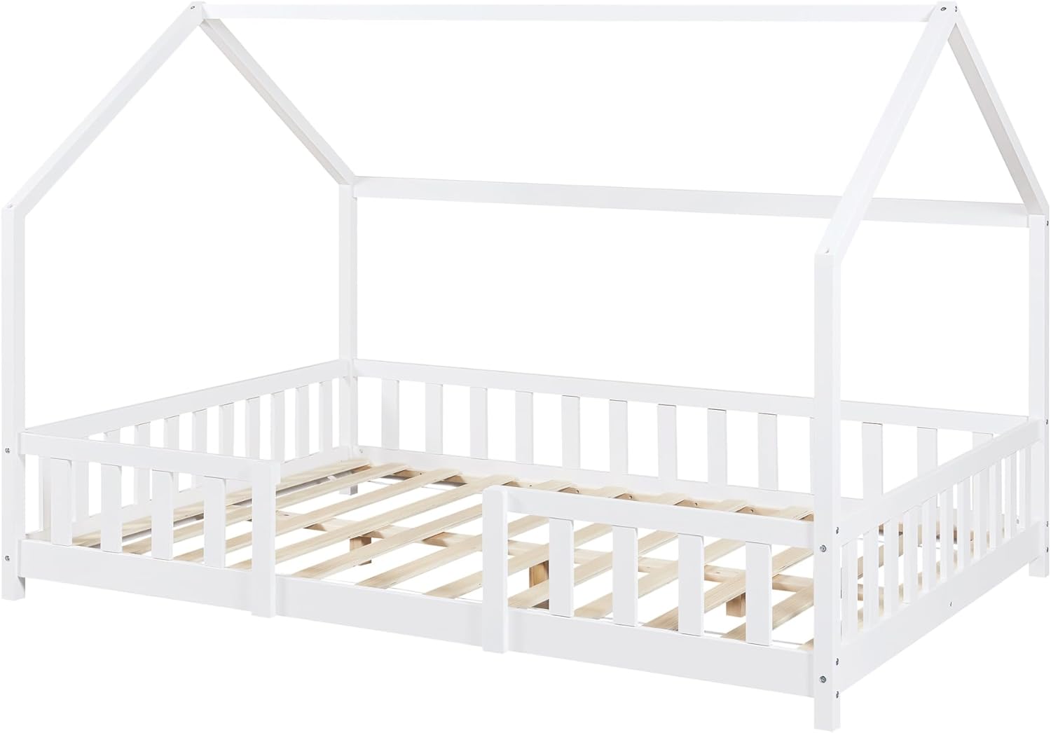 [en.casa] Letto per bambini Sisimiut a capanna 80 x 160 cm con protezione anticaduta letto in legno per bambini letto a terra rete a doghe in legno di pino Bianco opaco
