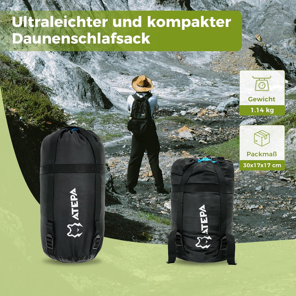 ATEPA Daunen Schlafsack Winter mit abnehmbare Decke, daunen Schlafsack XXL für 3-4 Jahreszeiten mit mattenbefestigung, Fußkasten, Zwei-Wege-Reißverschluss, Camping Outdoor
