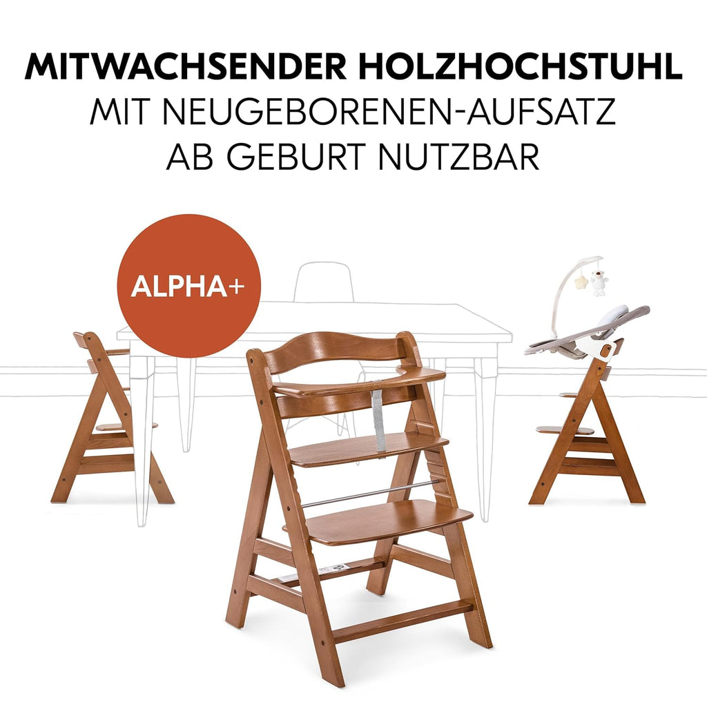 hauck Alpha Plus Newborn Set Deluxe - Seggiolone Pappa Legno da Nascita con Funzione Sdraietta - include Sdraietta per Neonato & Cuscino - Evolutivo, Regolabile - Dark Grey