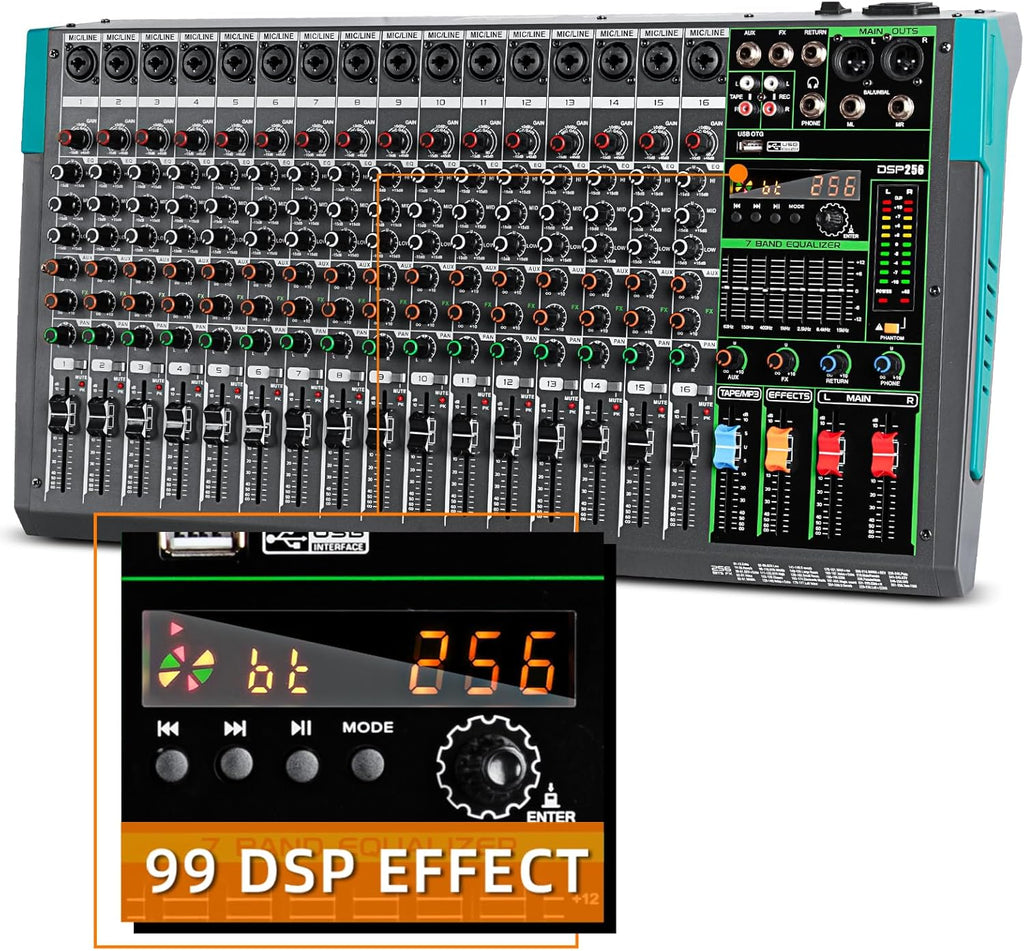 Depusheng PA12 Mixer DJ Professionale a 12 Canali con 256 Effetti DSP, Ingresso Bluetooth, Lettore USB, Alimentazione Phantom 48V